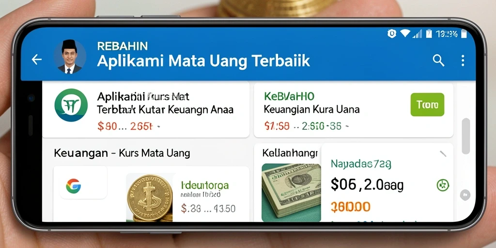 Antarmuka utama aplikasi REBAHIN yang menampilkan kurs mata uang.